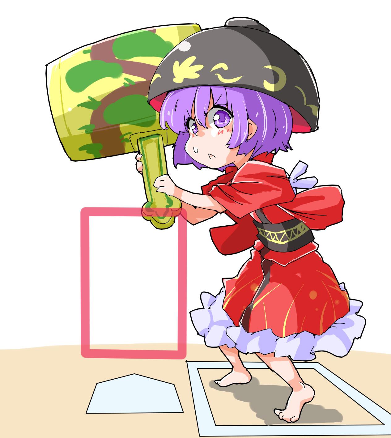 1girl, baseball_base, bowl, hat, highres, japanese_clothes, kimono, mallet