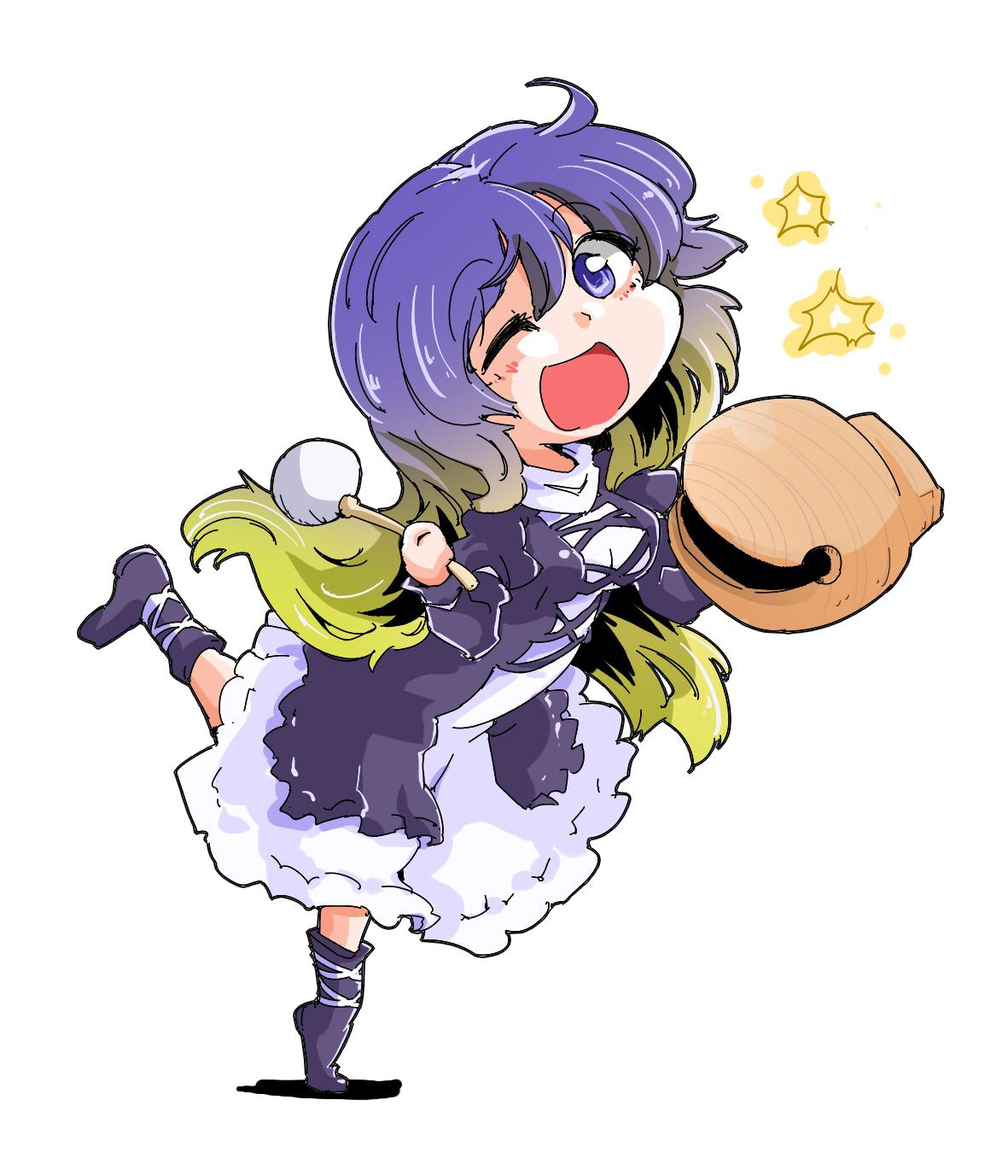 1girl, blonde_hair, dress, gradient_hair, highres, hijiri_byakuren, long_hair, multicolored_hair, one_eye_closed, open_mouth, purple_hair, shinapuu, smile, solo, star, touhou, violet_eyes, wooden_fish