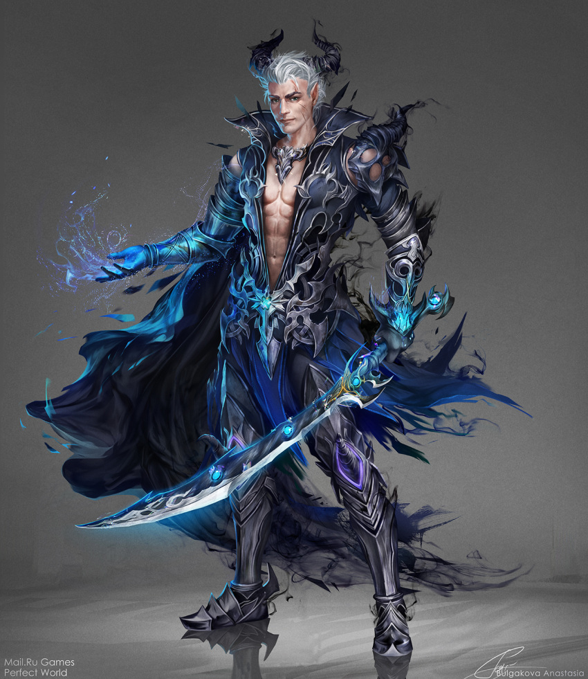 1boy, abs, anastasia_bulgakova, armor, cape, glowing, highres, horns