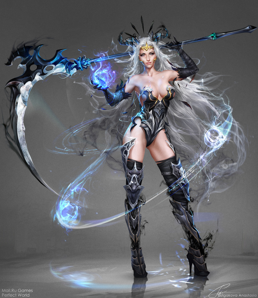 1girl, anastasia_bulgakova, armor, bare_shoulders, breasts, cleavage, elbow_gloves, gloves