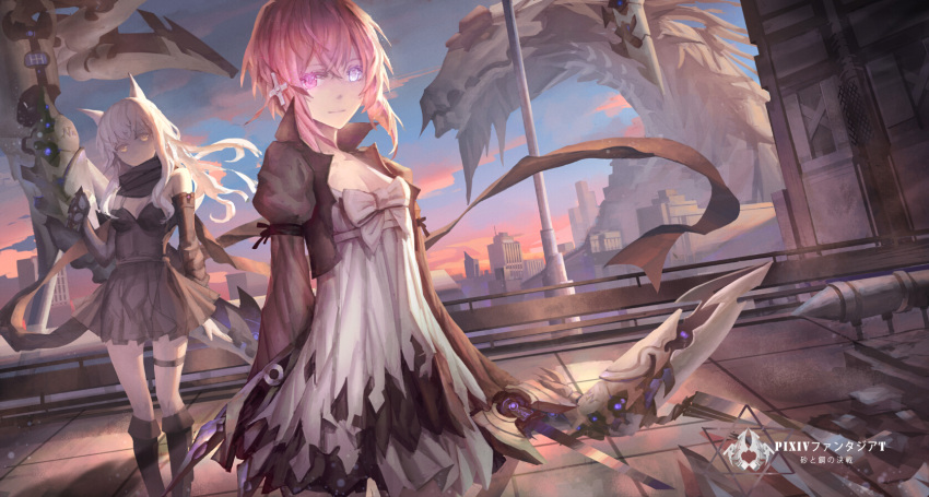 2girls, animal_ears, blue_eyes, cat_ears, dragon, dress, heterochromia, highres