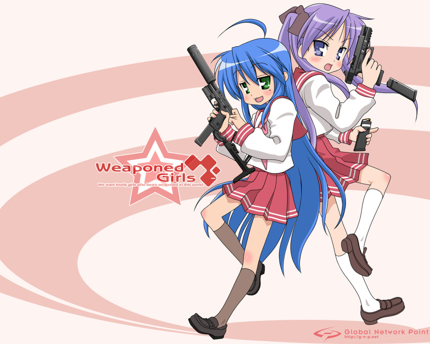 1280x1024, ahoge, back-to-back, back_to_back, blue_hair, engrish, green_eyes, gun