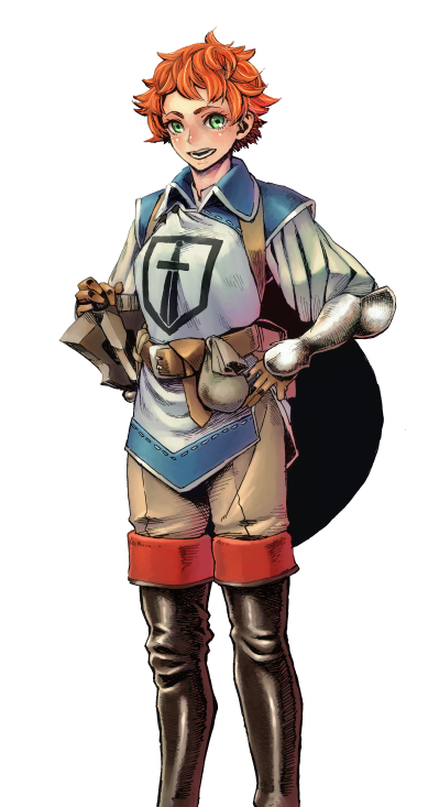 1girl, androgynous, blush, boots, green_eyes, hand_on_hip, kanemaki_thomas, orange_hair, pants, short_hair, solo, spiky_hair, standing, sword_world_2.0, thigh-highs, thigh_boots, tomboy, transparent_background, tunic, vambraces