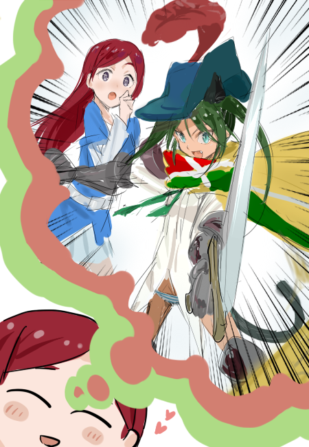 >:d, 2girls, :d, animal_ears, aqua_eyes, blush, cape, cat_ears