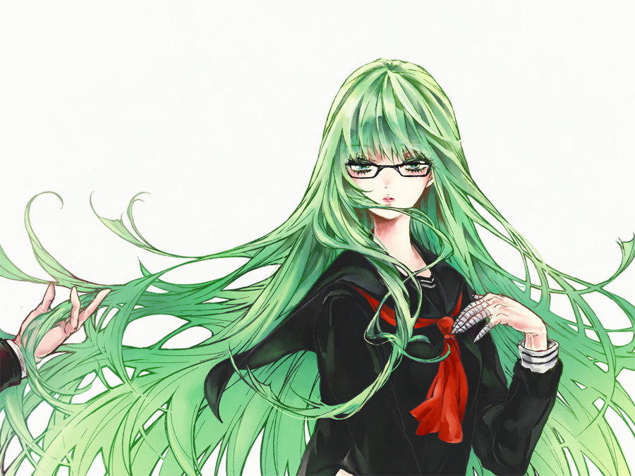 1girl, bandaged_fingers, bangs, genderswap, glasses, green_eyes, green_hair, hand_in_hair