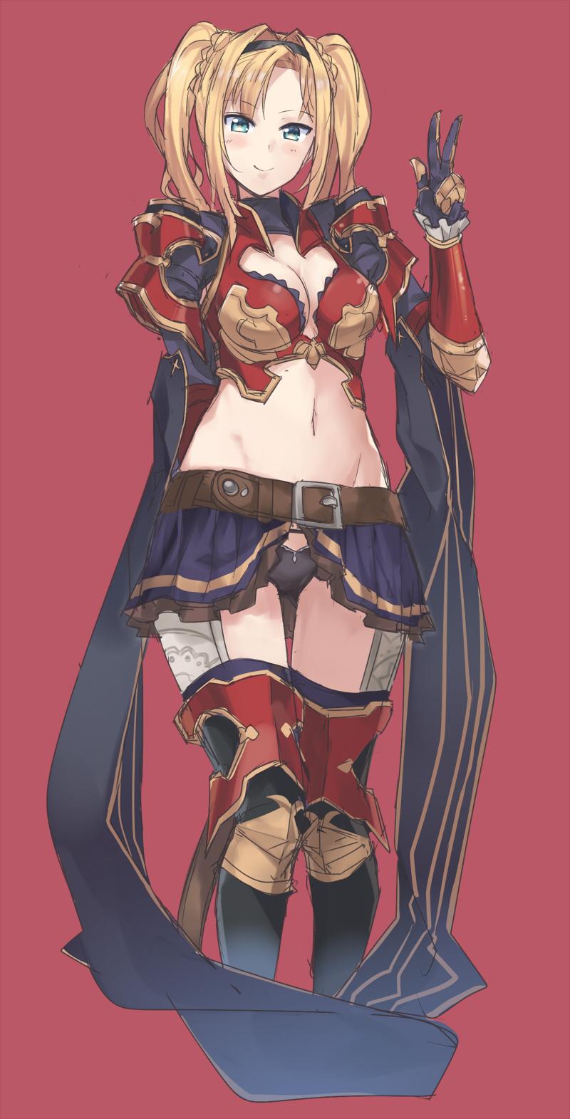 1girl, :>, armor, blonde_hair, blue_eyes, boots, breasts, choker