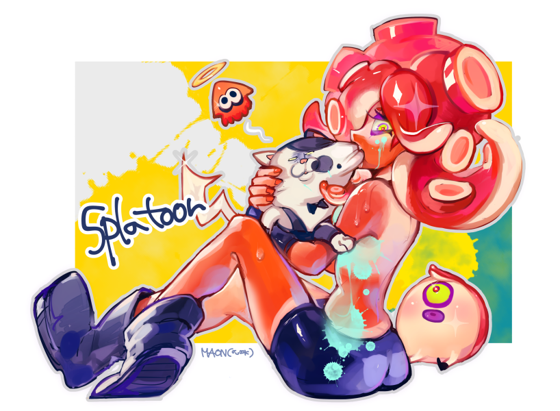 1boy, 1girl, 1other, bike_shorts, biting, boots, halo, inkling, judd_(splatoon), looking_at_viewer, matk0210, octoling, octoling_girl, paint_splatter, splatoon, splatoon_(series), tagme, topless