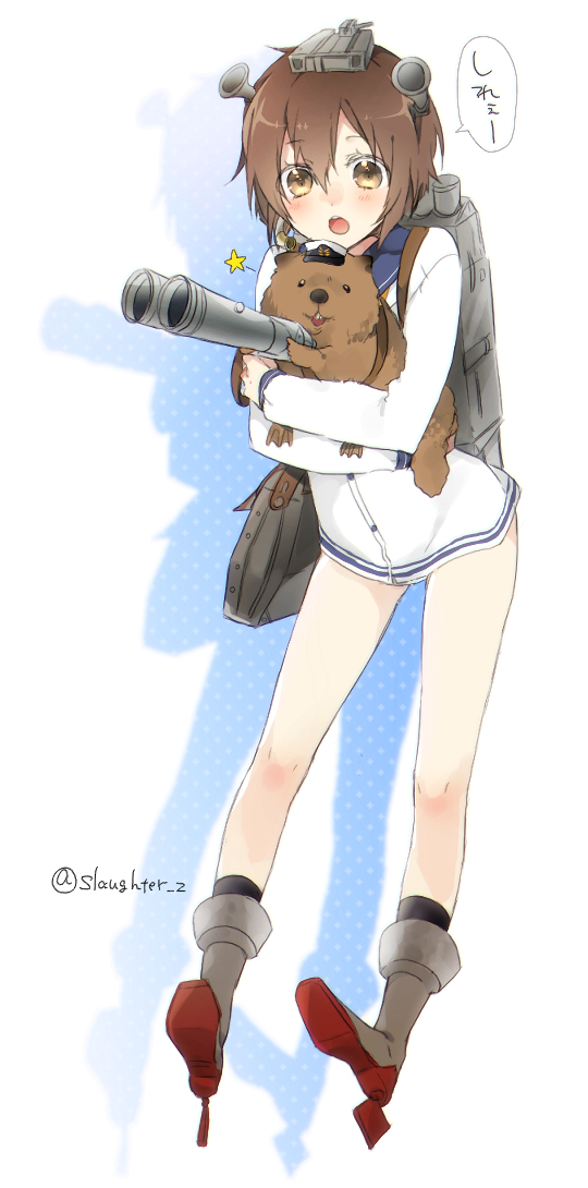 1girl, :o, animal, animal_hug, bag, beaver, binoculars, black_legwear