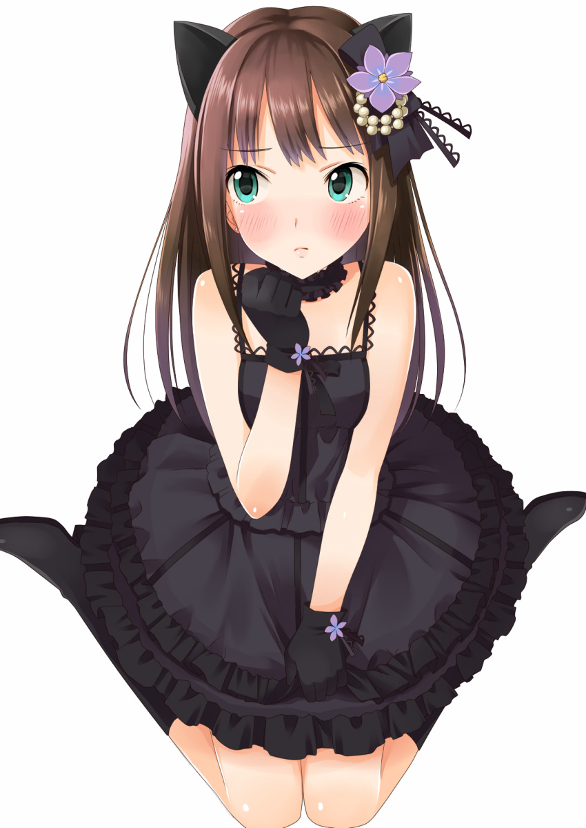 1girl, animal_ears, black_dress, black_gloves, blush, boots, brown_hair, cat_ears