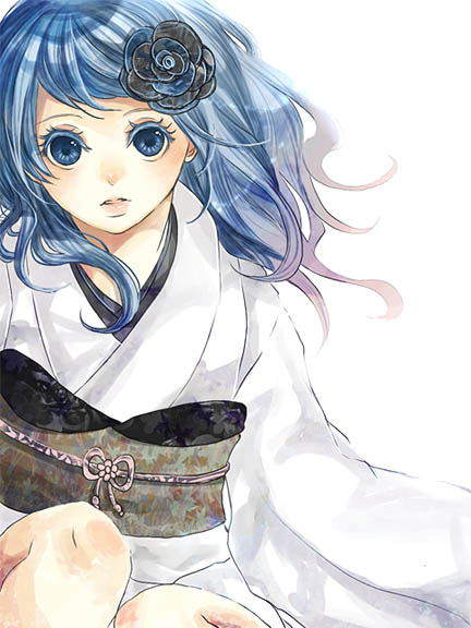 blue_eyes, blue_hair, eyeshadow, flower, hair_flower, hair_ornament, japanese_clothes, kimono, long_hair, sk, solo, traditional_japanese_clothes, yukata