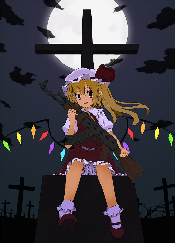 1girl, :d, ak-47, assault_rifle, blonde_hair, clouds, cross, fang
