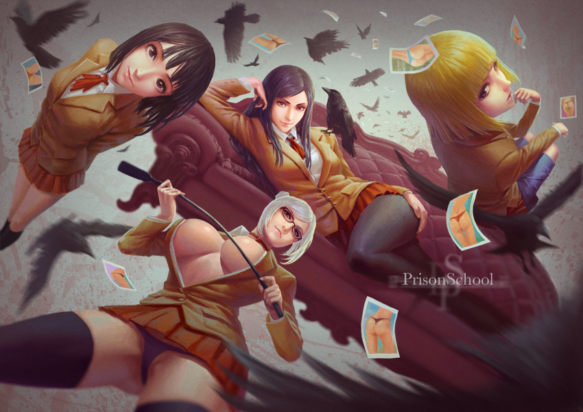 4girls, arms_behind_back, ass, bangs, bird, black_eyes, black_hair, black_legwear