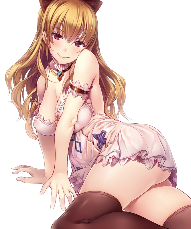 1girl, ass, black_legwear, blonde_hair, blush, breasts, cleavage, dress