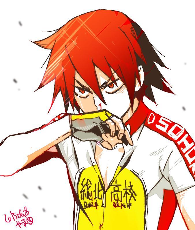 1boy, blood, bloody_nose, dated, jersey, male_focus, naruko_shoukichi, red_eyes