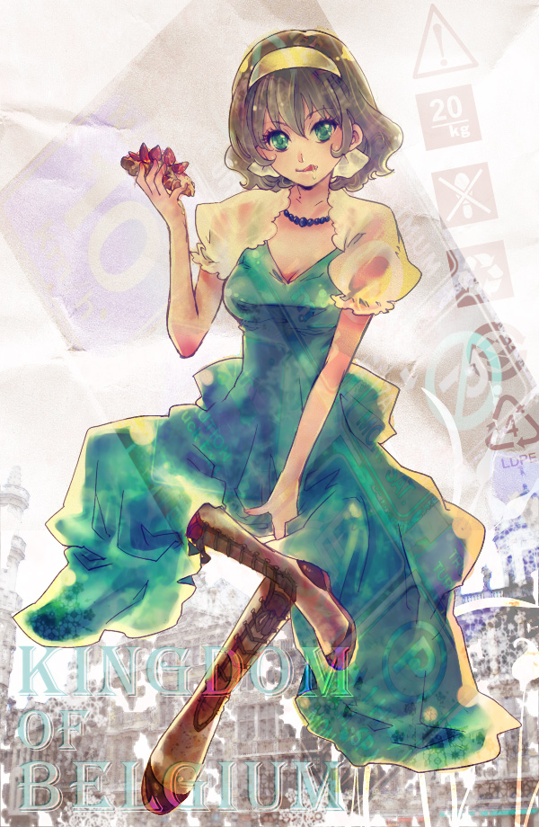 axis_powers_hetalia, belgium_(hetalia), boots, brown_hair, cake, dress, food, frosting