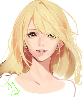 1girl, artist_name, blonde_hair, commentary_request, earrings, face, green_eyes, grin