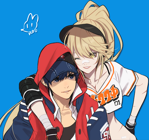 1boy, 1girl, artist_name, baseball_cap, blonde_hair, blue_background, crop_top, green_eyes