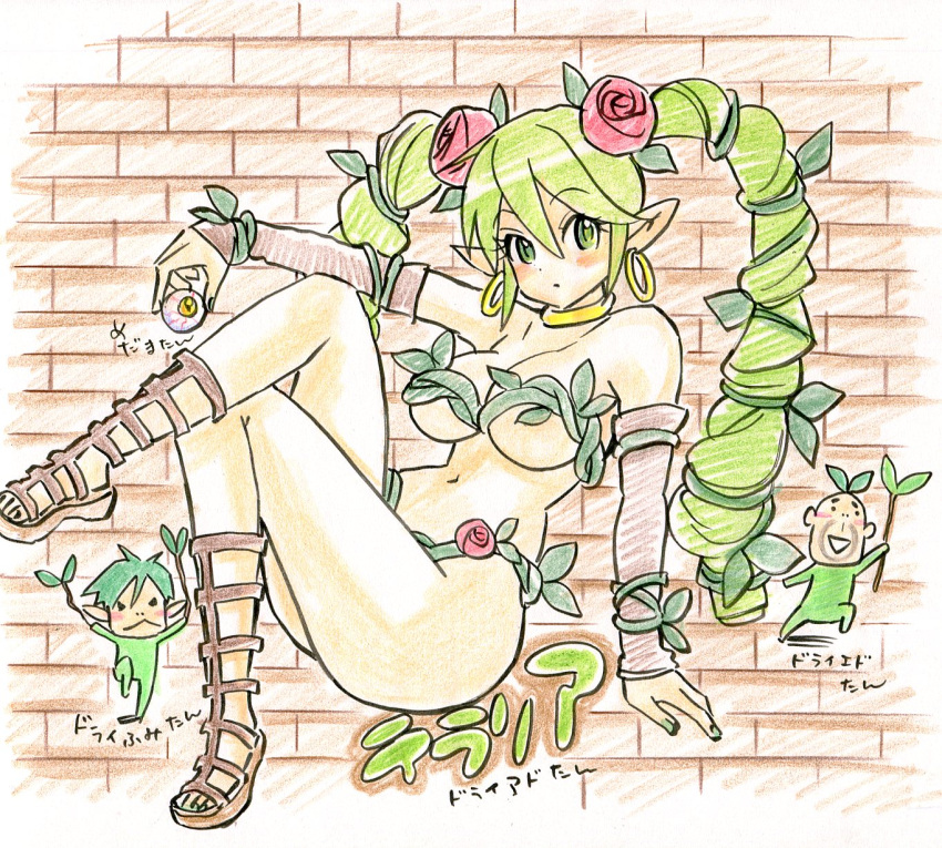 1girl, 2boys, bare_shoulders, blush, braid, breasts, commentary_request, dryad