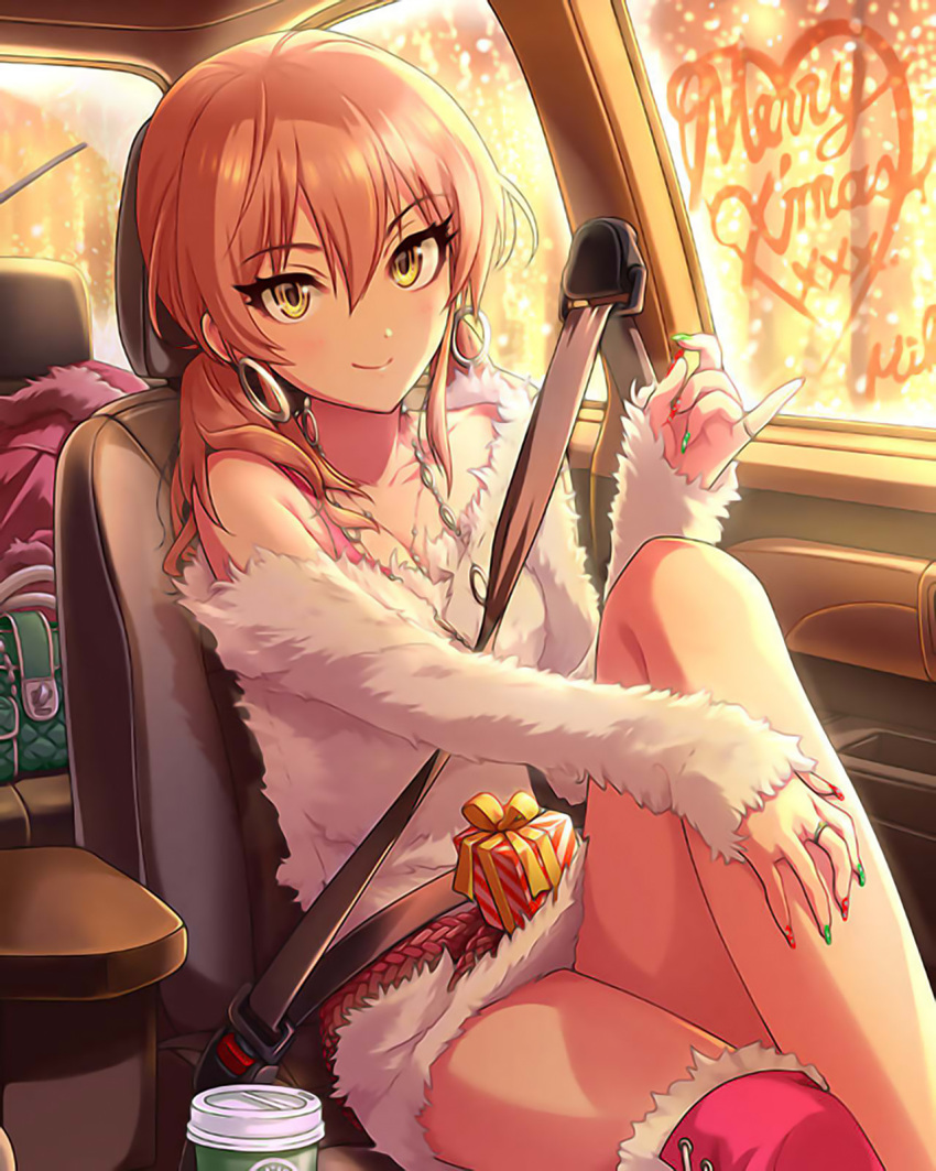 1girl, artist_request, box, car, car_interior, earrings, eyelashes, fake_nails