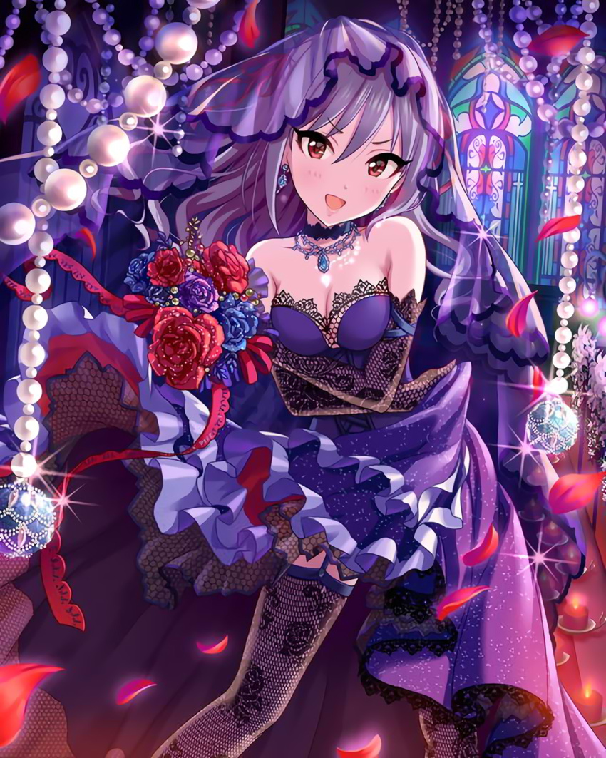 1girl, alternate_hairstyle, artist_request, bouquet, breasts, cleavage, dress, earrings