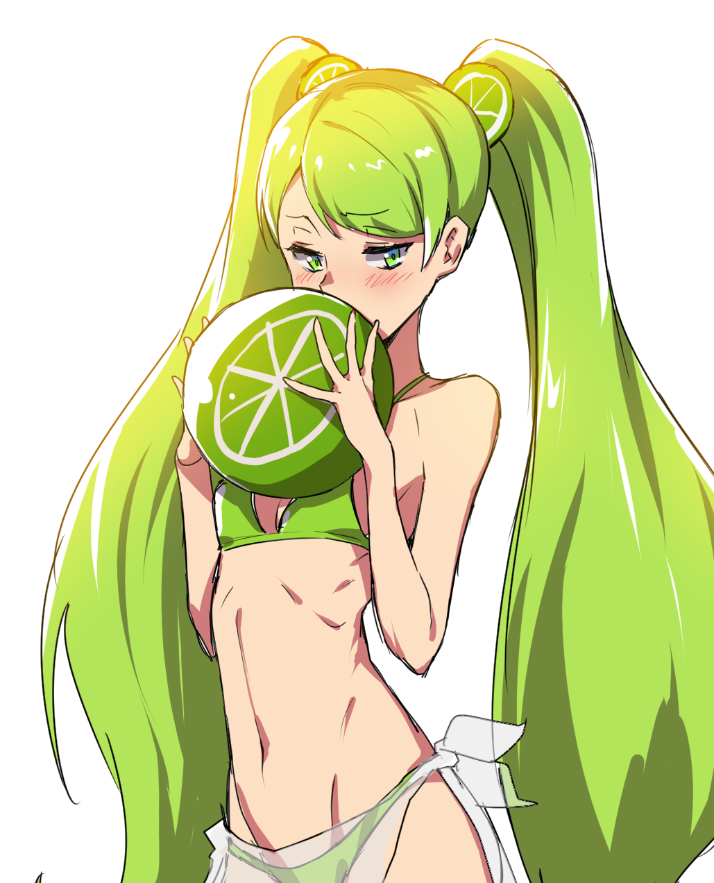 1girl, ball, bangs, beachball, bikini, blush, cookie_run, covering_mouth