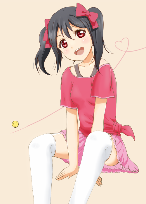 1girl, black_hair, heart, heart_of_string, love_live!_school_idol_project, open_mouth, red_eyes, smile