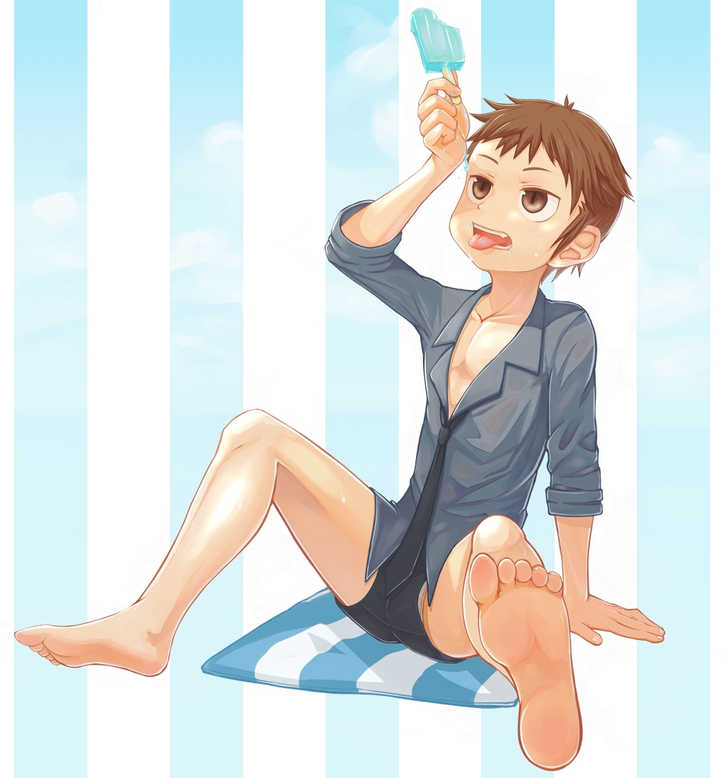 1boy, barefoot, blush, brown_hair, necktie, nup_martini, popsicle, satou_(satohstc)