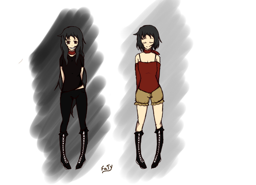 2girls, boots, closed_eyes, crazy, happy, highres, long_hair, looking_at_viewer