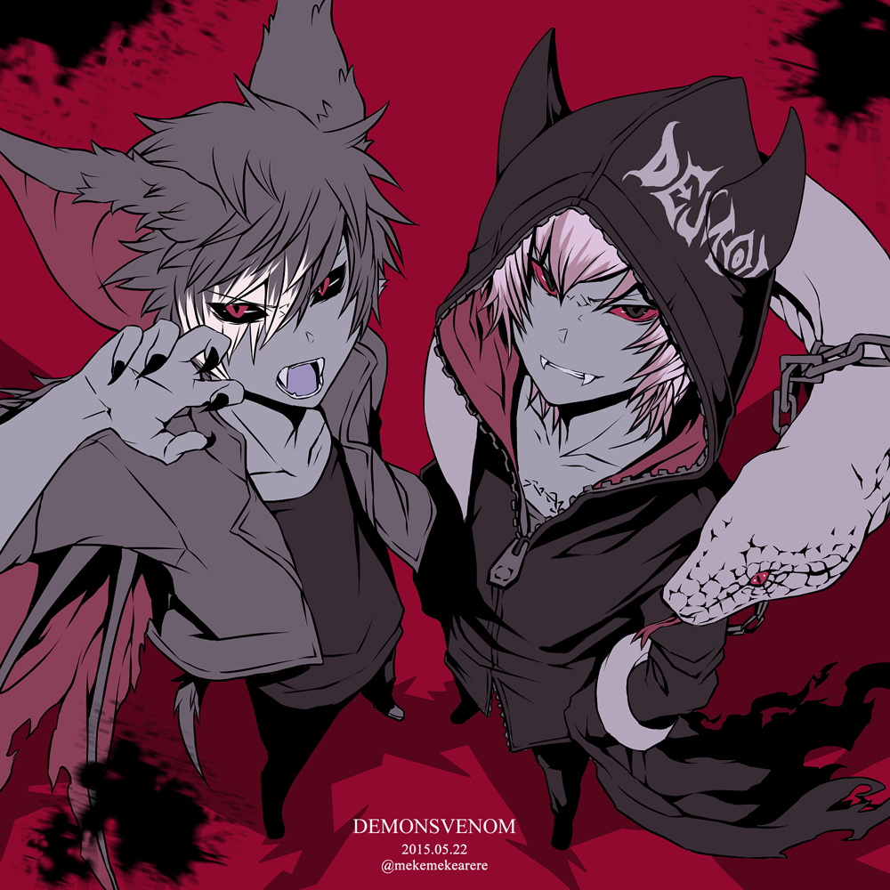 2boys, animal_ears, bat_ears, bat_wings, black_nails, cropped_jacket, dated, demon_bat, demon_mangu, denim, fangs, fingernails, from_above, hands_in_pockets, hoodie, horns, jeans, limited_palette, male_focus, moruhu, multiple_boys, nail_polish, pants, pointy_ears, red_background, red_sclera, sharp_fingernails, show_by_rock!!, simple_background, snake, twitter_username, wings