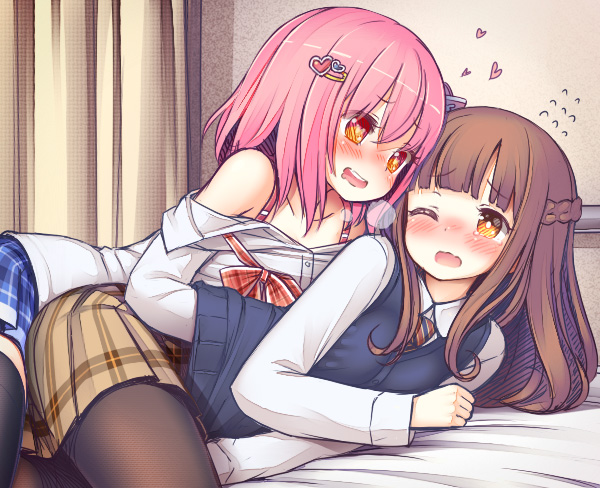 2girls, bed, black_legwear, blush, bra, brown_hair, hair_ornament, hairclip