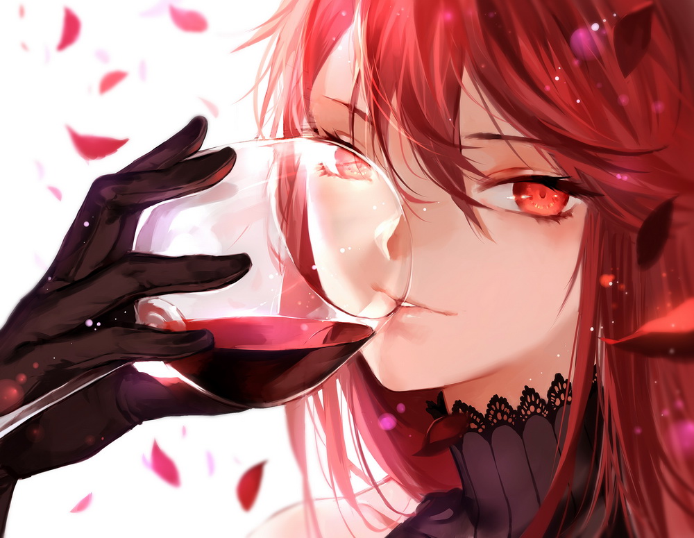 1girl, alcohol, black_gloves, cup, drinking_glass, face, gloves, joseph_lee