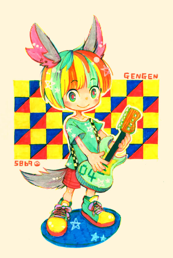 1boy, animal_ears, blonde_hair, blue_eyes, character_name, copyright_name, gengen_(show_by_rock!!), guitar