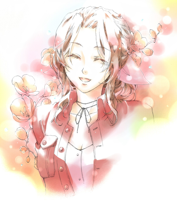 bolero, brown_hair, closed_eyes, final_fantasy, final_fantasy_vii, flower, happy, smile, yoshinokakyu