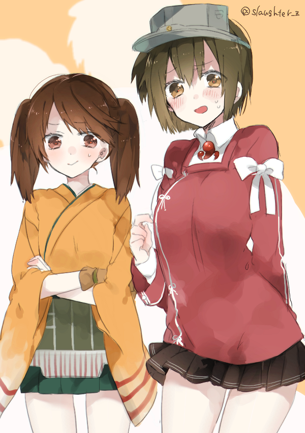 2girls, blush, bow, brown_hair, commentary_request, cosplay, costume_switch, crossed_arms