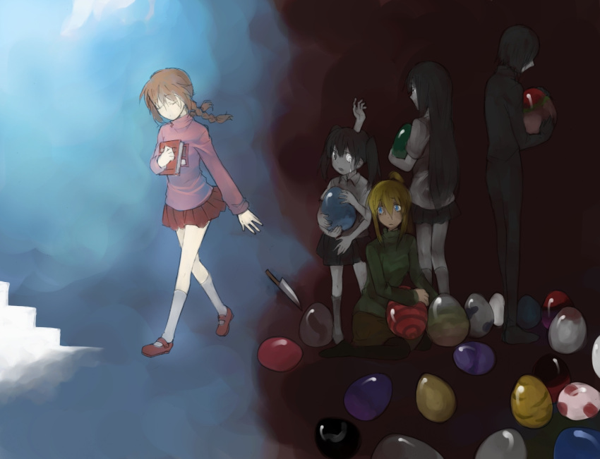 black_hair, blonde_hair, book, braid, brown_hair, egg, extra_arms, highres