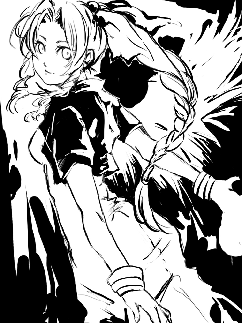 bad_id, bolero, bracelet, braid, cropped_jacket, da_huang, dai_ki, dress, face, final_fantasy, final_fantasy_vii, from_behind, hair_bow, highres, jewelry, long_hair, looking_back, monochrome, ponytail, single_braid, sketch, smile
