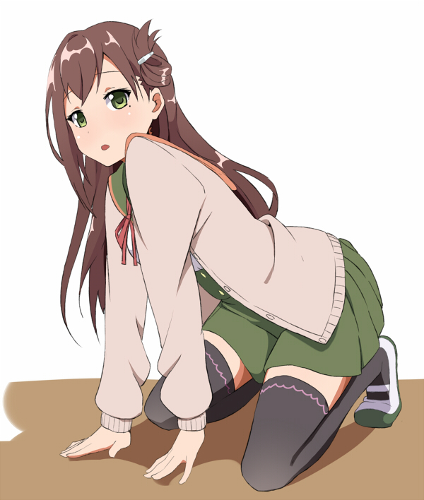1girl, all_fours, black_legwear, brown_hair, cardigan, elel185, folded_hair, gakkou_gurashi!, green_eyes, hair_ornament, hairclip, long_hair, mole, mole_under_eye, school_uniform, solo, thigh-highs, wakasa_yuuri