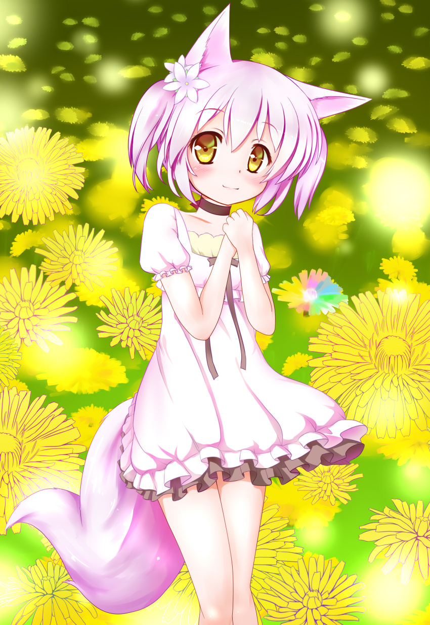 1girl, absurdres, animal_ears, dress, flower, fox_ears, fox_tail, frilled_dress, frills, highres, irotoridori_no_sekai, nyolo, pink_hair, puffy_short_sleeves, puffy_sleeves, ren_(irotoridori_no_sekai), short_hair, short_sleeves, tail, yellow_eyes