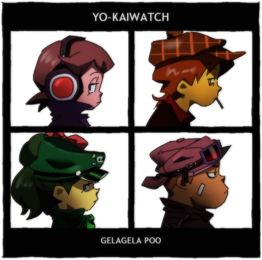 1girl, 3boys, album_cover, amano_keita, black_border, border, cigarette, cover, demon_days_cover, goggles_on_hat, gorillaz, green_hair, half-closed_eyes, hat, headphones, imada_kanchi, jipo_(myu-tata), kodama_fumika, kumashima_gorouta, level-5, long_hair, mouth_hold, multiple_boys, olm_digital, parody, ponytail, profile, romaji, short_hair, skull_and_crossbones, white_background, youkai_watch