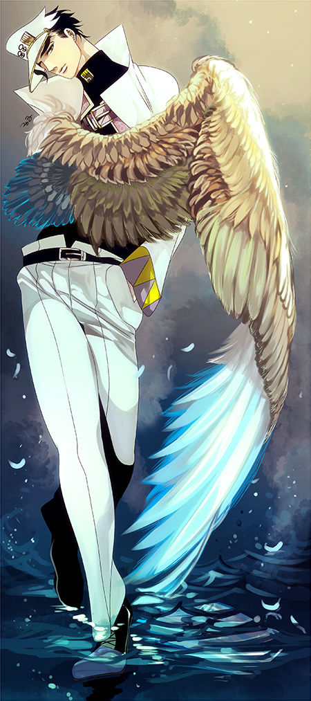 belt, feathered_wings, feathers, full_body, hand_in_pocket, hat, jacket, jojo_no_kimyou_na_bouken