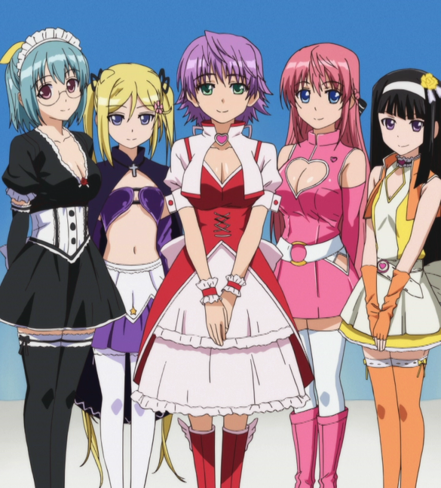 5girls, arms_behind_back, black_hair, blonde_hair, blue_background, blue_eyes, blue_hair, boots
