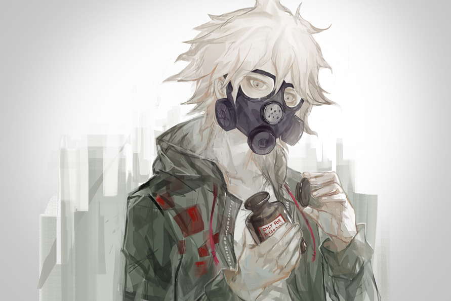 1boy, cocoons, dangan_ronpa, gas_mask, grey_eyes, hair_between_eyes, hooded_jacket, komaeda_nagito, messy_hair, solo, super_dangan_ronpa_2, white_hair