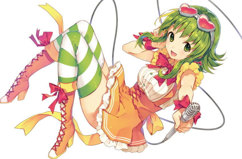 :d, album_cover, bangs, blouse, bodice, boots, bow, buttons, cable, cover, cross-laced_footwear, frilled_skirt, frills, from_side, full_body, goggles, goggles_on_head, green_eyes, green_hair, gumi, hand_on_own_cheek, heart-shaped_goggles, high_heel_boots, high_heels, holding_microphone, knees_together_feet_apart, knees_up, lace-up_boots, looking_at_viewer, microphone, miniskirt, natsu_natsuna, open_mouth, orange_boots, outstretched_arm, red_bow, red_ribbon, ribbon, short_hair, sidelocks, simple_background, skirt, sleeveless, smile, striped, striped_legwear, suspender_skirt, thigh-highs, vocaloid, white_background, wrist_ribbon, zettai_ryouiki