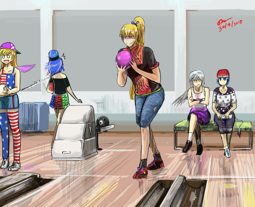 5girls, adapted_costume, american_flag_legwear, american_flag_shirt, asphyxiation, backwards_hat, ball, beanie