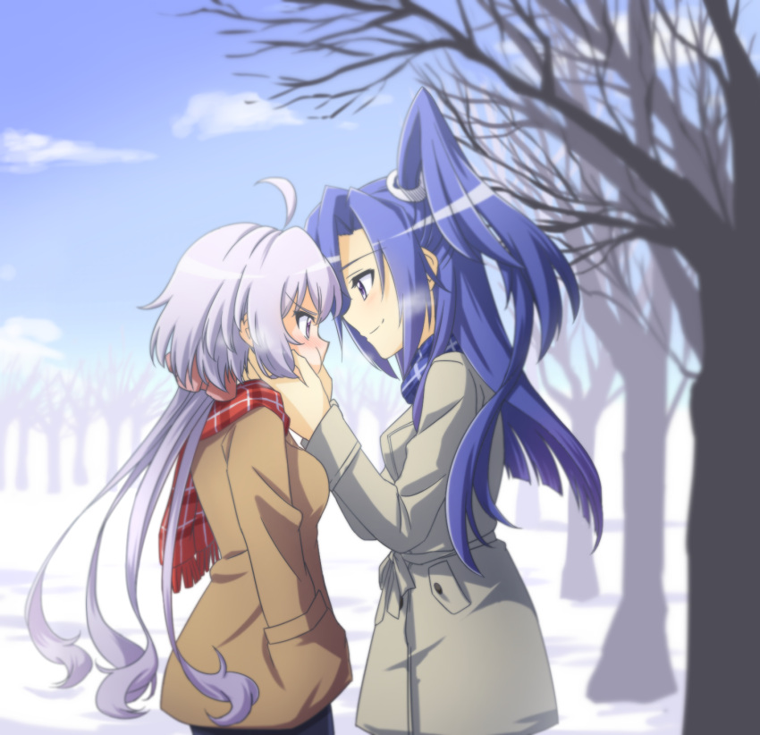 2girls, bare_tree, blue_hair, blurry, blush, coat, depth_of_field, hand_on_another's_face