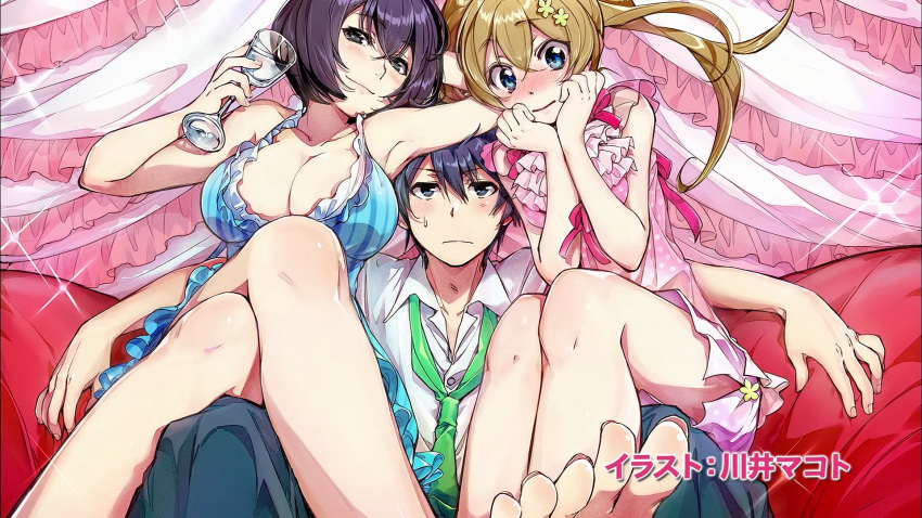 1boy, 2girls, artist_name, barefoot, black_eyes, black_hair, blue_eyes, blush