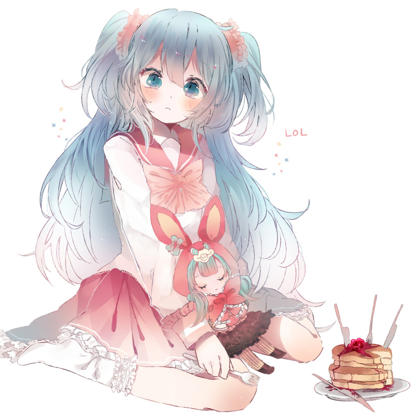 1girl, alternate_costume, aqua_eyes, aqua_hair, character_doll, doll, expressionless, fork, hatsune_miku, highres, long_hair, lots_of_laugh_(vocaloid), niwa_(ejizon), pancake, school_uniform, serafuku, simple_background, sitting, solo, two_side_up, vocaloid, wariza, white_background