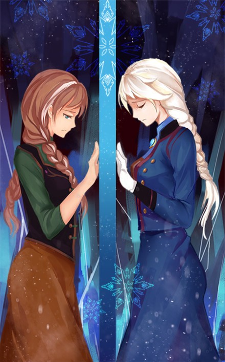 2girls, anna_(frozen), artist_request, blonde_hair, braid, closed_eyes, door, elsa_(frozen), frozen_(disney), gloves, multiple_girls, orange_hair, sad, separated, siblings, single_braid, sisters, snowflakes, twin_braids