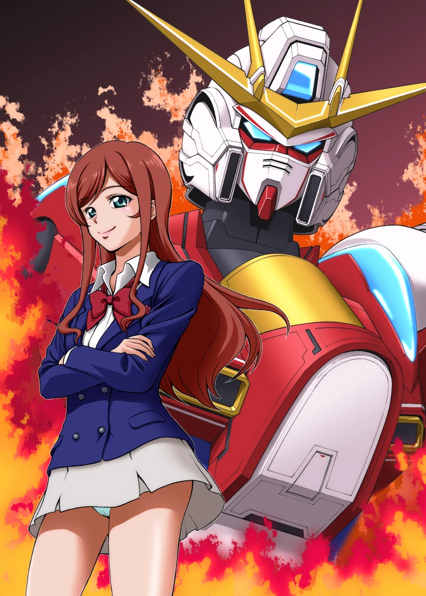 1girl, aqua_eyes, brown_hair, build_burning_gundam, crossed_arms, fire, gundam, gundam_build_fighters