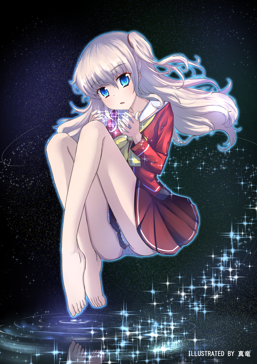 barefoot, blue_eyes, camcorder, charlotte_(anime), highres, long_hair, realdragon, school_uniform